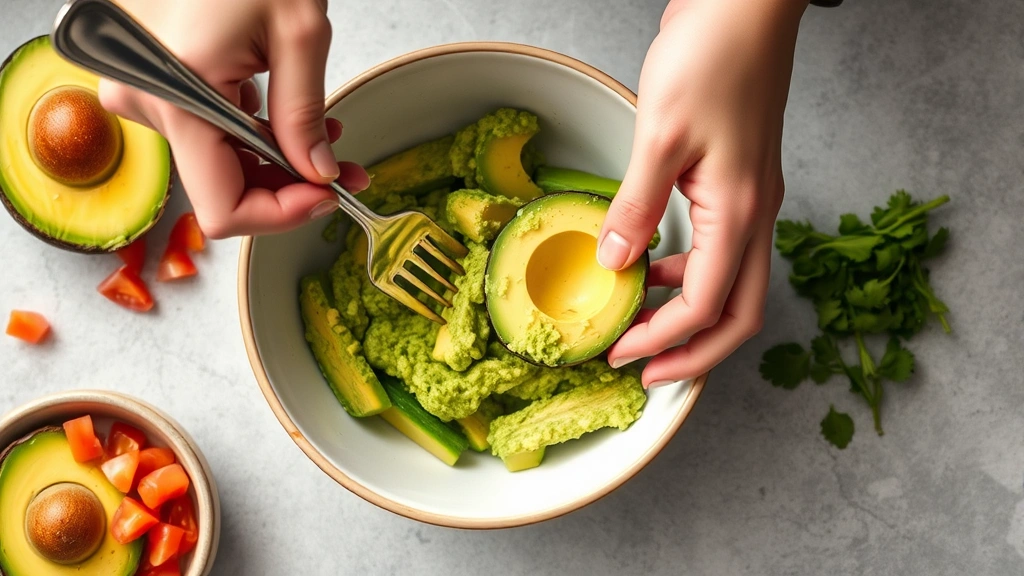 process: hands using silver fork to mash ripe avocado halves in ceramic bowl, fresh tomato dices and cilantro nearby, bright natural window light, overhead angle, mid-action moment, no text or watermarks