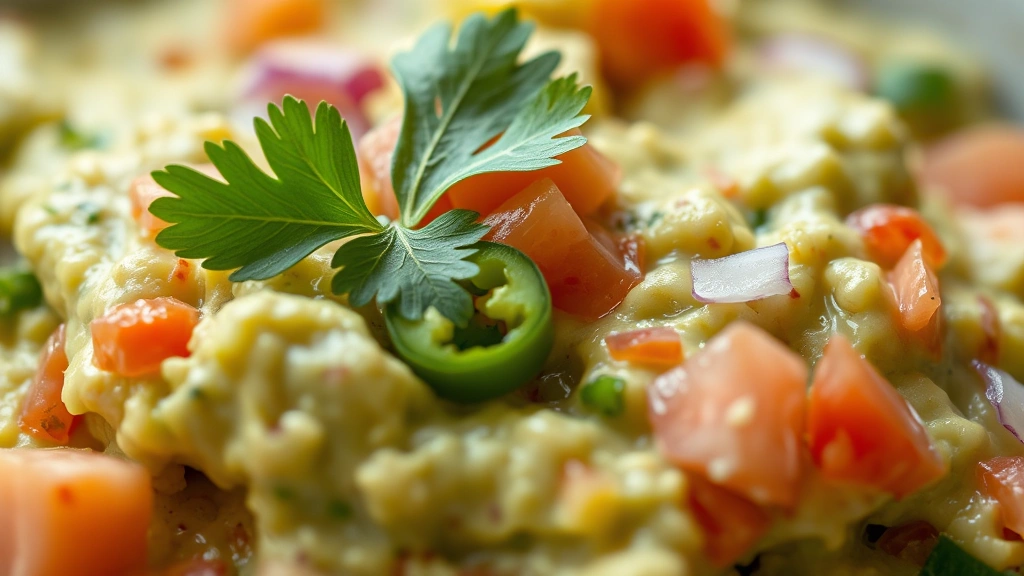 detail: extreme close-up of creamy guacamole showing chunky texture with diced tomato, red onion, jalapeño pieces, fresh cilantro leaf on top, macro photography style, natural daylight, shallow depth of field, no text or watermarks