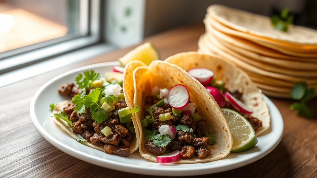 hero: authentic Mexican beef tacos on white plate with fresh cilantro, diced onion, radishes, avocado, and lime wedges, warm corn tortillas stacked nearby, natural daylight from window, no text or logos