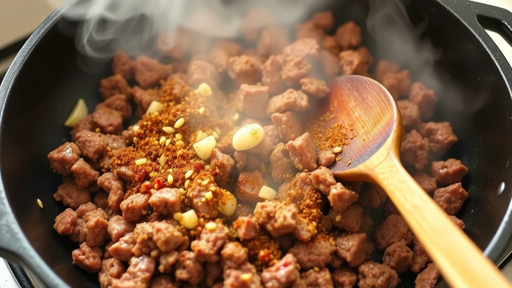 process: ground beef browning in cast iron skillet with garlic and toasted spices, steam rising, wooden spoon stirring, natural kitchen light, no text