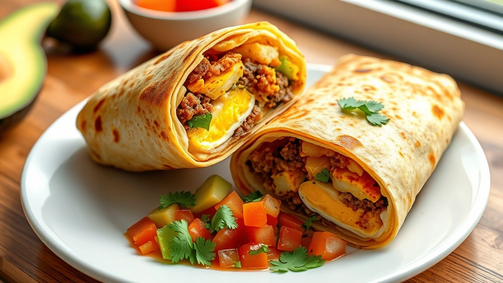 hero: golden-brown Mexican breakfast burrito wrapped in flour tortilla, sliced in half showing filling of eggs chorizo potatoes and cheese, served on white plate with fresh salsa cilantro and avocado, photorealistic, natural window light, no text, appetizing food photography