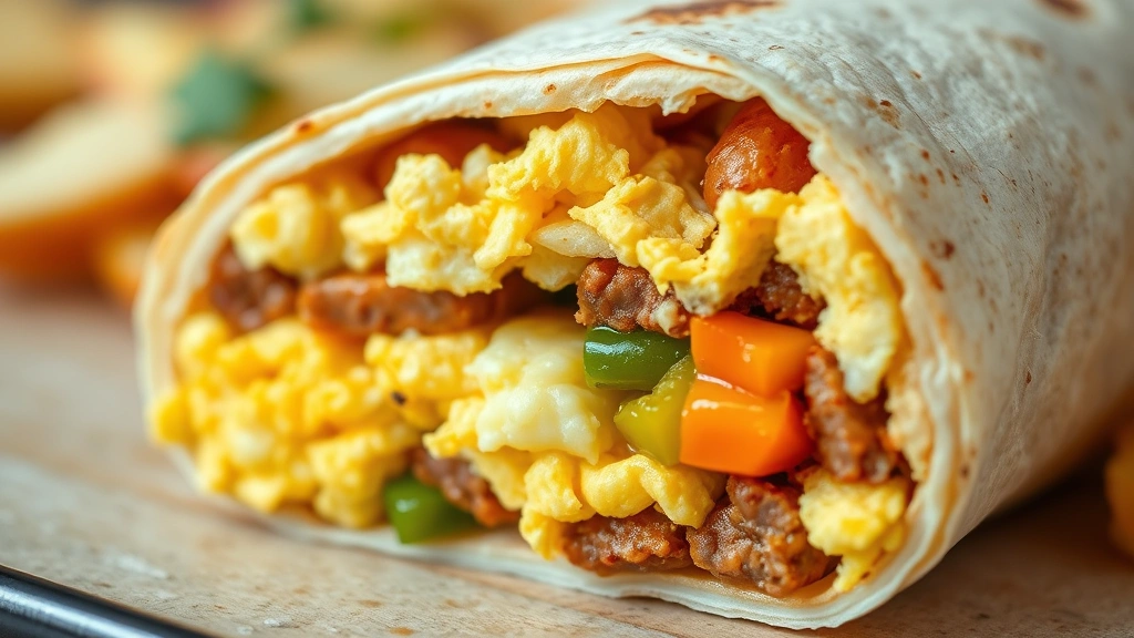 detail: close-up cross-section of assembled breakfast burrito showing layers of scrambled eggs yellow cheese chorizo crispy potatoes and bell peppers, photorealistic macro photography, natural diffused light, no text, food styling