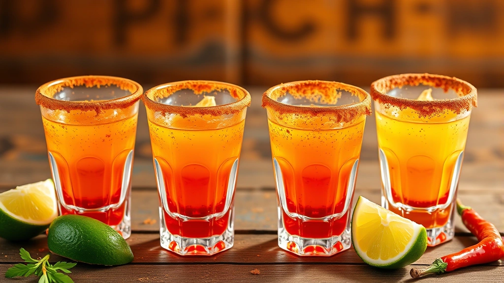 hero: Four vibrant Mexican Candy Shots in crystal shot glasses with cinnamon and chili powder rimmed glasses, lime wedges on the side, warm golden lighting, rustic Mexican wooden table background