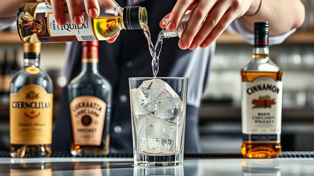 process: Close-up of bartender pouring tequila into cocktail shaker with ice, chocolate liqueur and cinnamon whiskey bottles visible, bright professional kitchen lighting