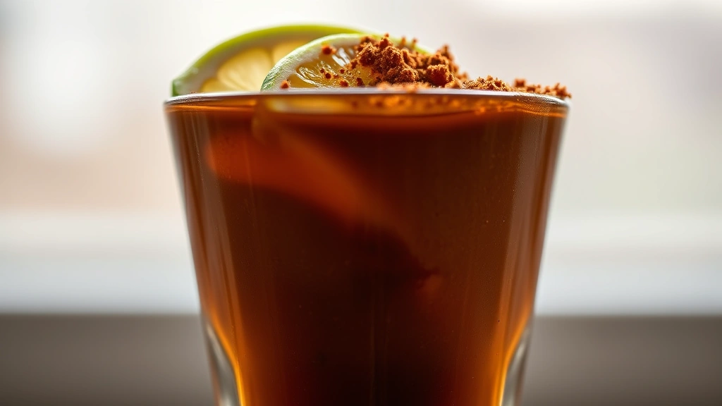 detail: Extreme close-up of shot glass with perfect layering of amber and chocolate tones, cinnamon and chili powder garnish on top, lime wedge in focus, natural window light