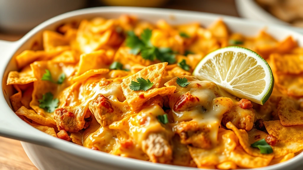 hero: Mexican chicken casserole fresh from oven with golden tortilla chip topping and melted cheese bubbling over sides, served in white baking dish, garnished with fresh cilantro and lime wedge, photorealistic, natural warm kitchen lighting, no text