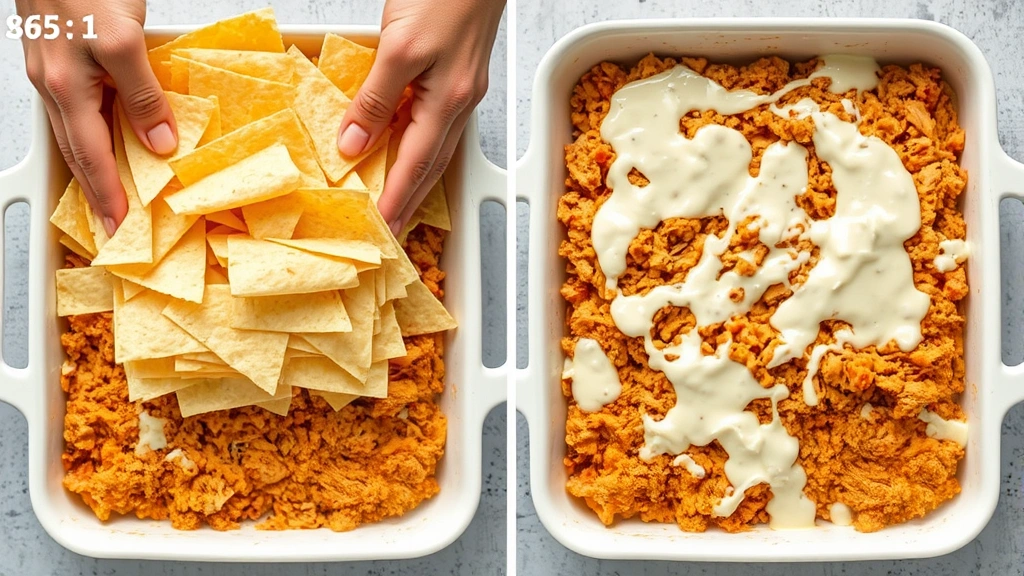 process: hands layering tortilla strips and chicken mixture in baking dish, showing layers building up, cream sauce visible, photorealistic, natural overhead lighting, no text