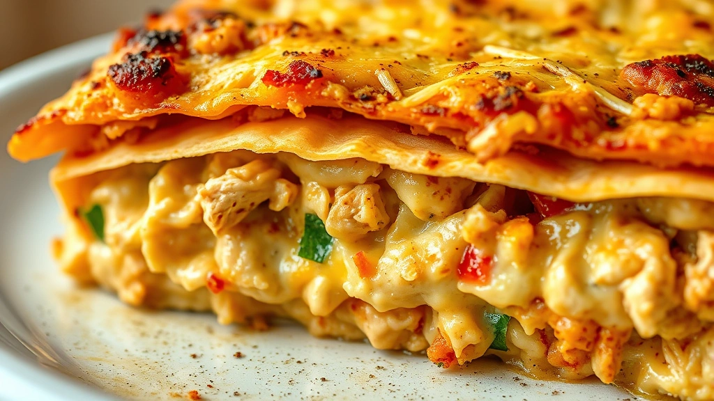 detail: close-up cross-section of baked Mexican chicken casserole showing layers of tortillas, creamy chicken filling, and crispy golden cheese topping, photorealistic, natural light, no text