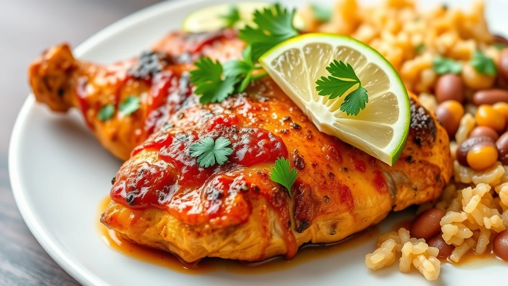 hero: plated Mexican chicken with lime wedges and fresh cilantro garnish, golden-brown exterior, served on white plate with rice and beans, photorealistic, natural daylight, no text