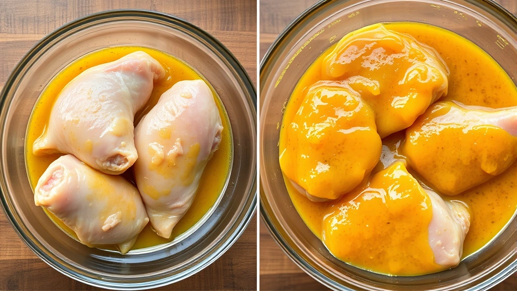 process: chicken marinating in citrus mixture in glass bowl, raw chicken pieces coated in vibrant yellow-orange marinade, photorealistic, natural kitchen lighting, no text