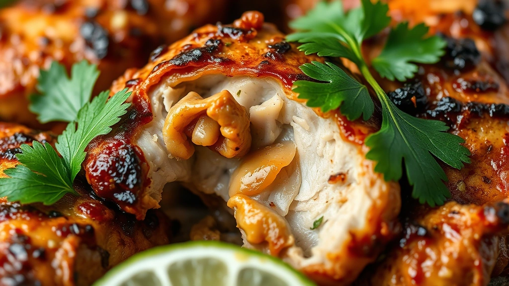 detail: close-up of cooked chicken showing juicy interior and caramelized exterior, garnished with fresh cilantro leaf and lime slice, photorealistic, macro photography, natural light, no text