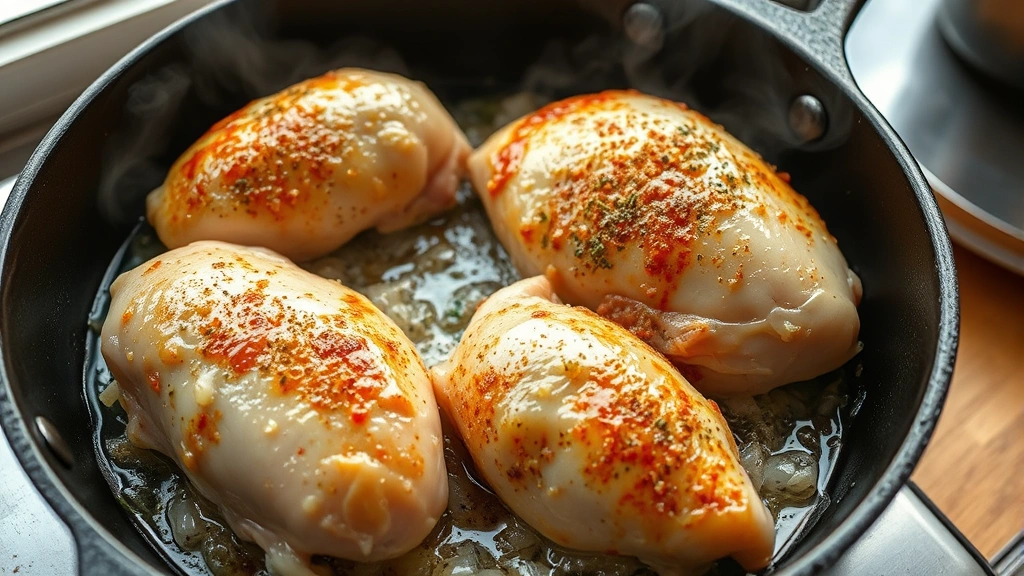 process: chicken sizzling in cast iron skillet with golden crust forming, steam rising, garlic and spices visible, natural kitchen window light