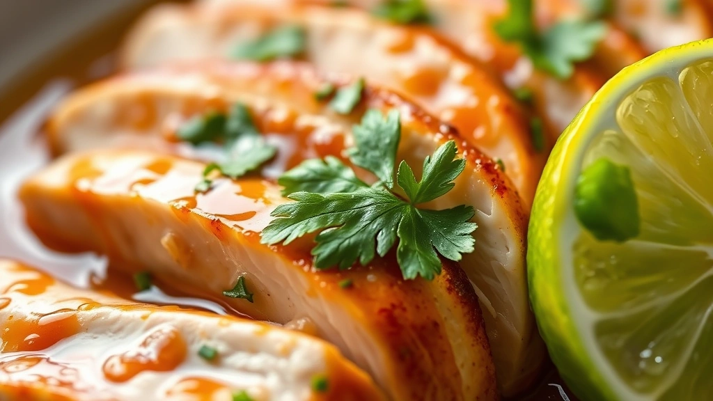 detail: close-up of sliced chicken with sauce and fresh cilantro, macro photography, water droplets on lime wedge, soft natural daylight