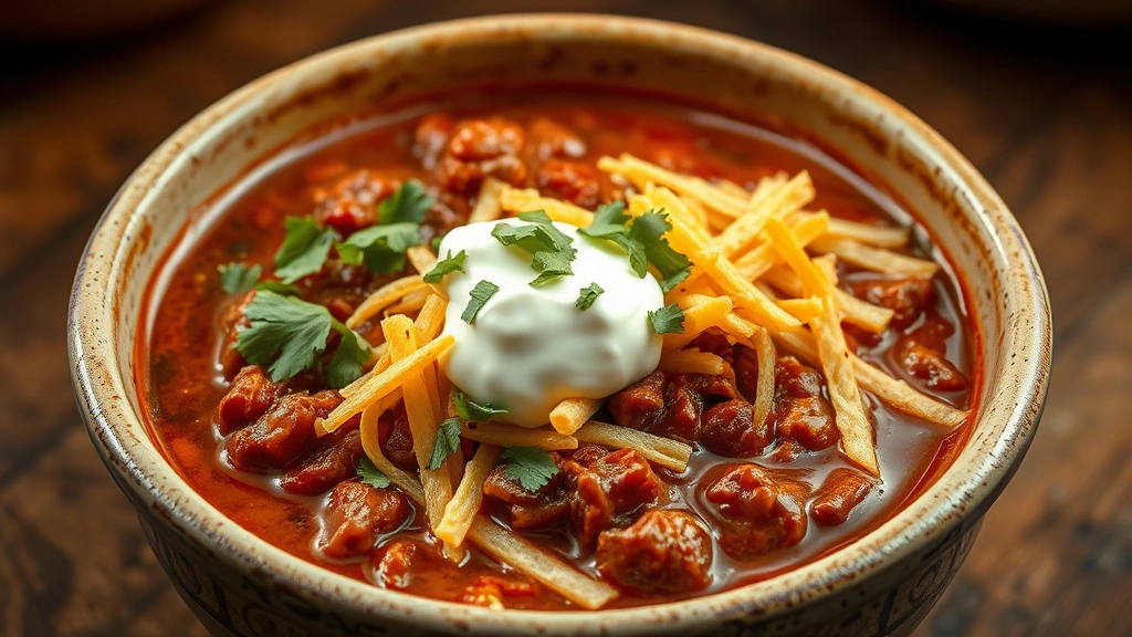 hero: steaming bowl of Mexican chili topped with shredded cheese, sour cream, cilantro, and crispy tortilla strips, photorealistic, warm natural lighting, rustic ceramic bowl, wooden surface, no text