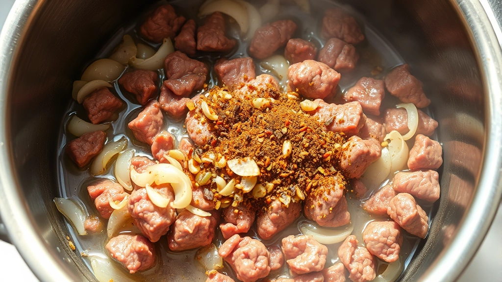 process: ground beef browning in pot with onions and garlic, spices blooming in oil, steam rising, photorealistic, bright natural light from above, no text