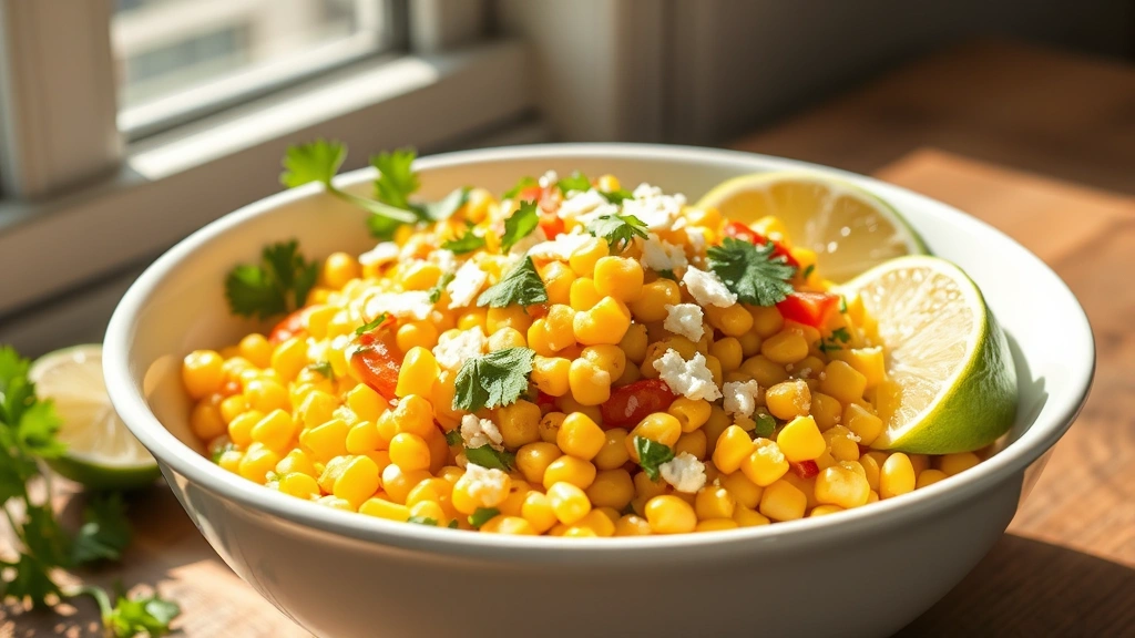 hero: colorful Mexican corn salad in white bowl, fresh cilantro garnish, cotija cheese, lime wedges, bright daylight streaming through window, vibrant yellow corn kernels visible, photorealistic, no text