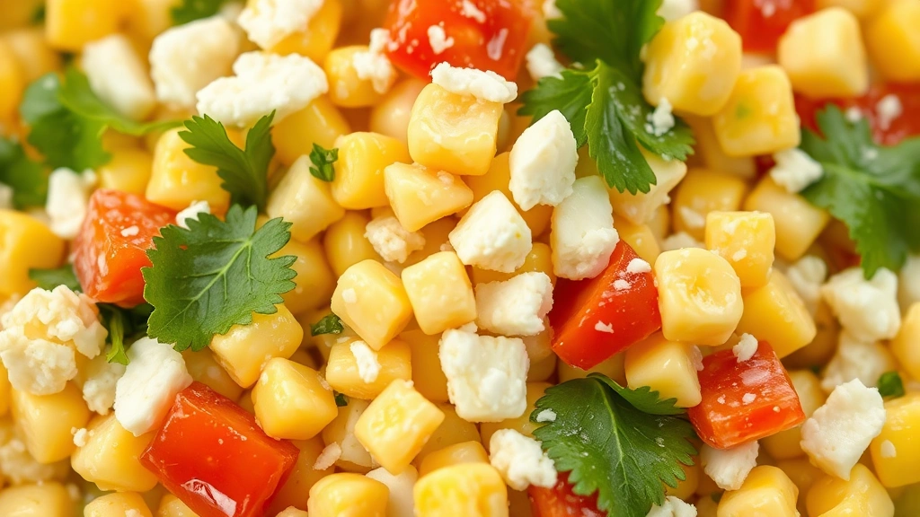 detail: close-up of creamy corn salad with crumbled white cotija cheese, fresh green cilantro leaves, red bell pepper pieces, lime juice glistening, macro photography, photorealistic, no text