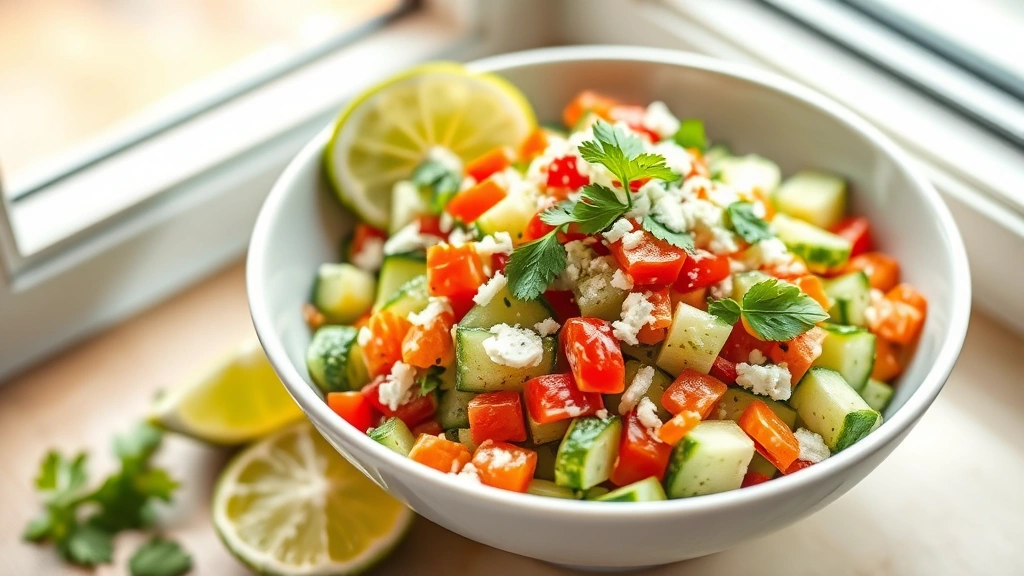 hero: colorful Mexican cucumber salad in white bowl with cotija cheese and cilantro garnish, lime wedges beside it, vibrant green and red vegetables visible, natural daylight from window, no text or branding