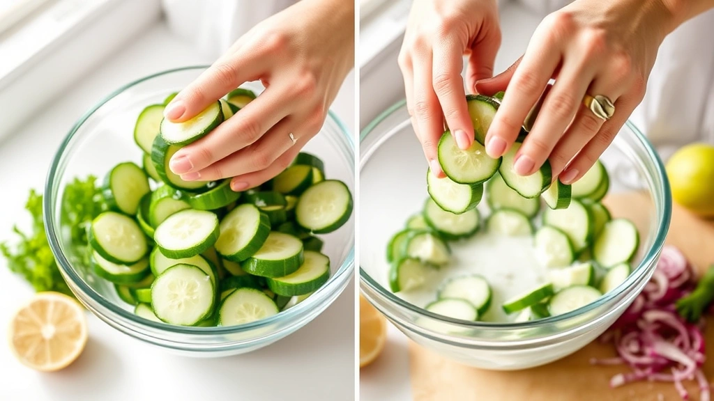 process: hands tossing fresh cucumber slices with lime dressing in glass mixing bowl, cilantro and red onions visible, bright kitchen counter setting, natural afternoon light, no text