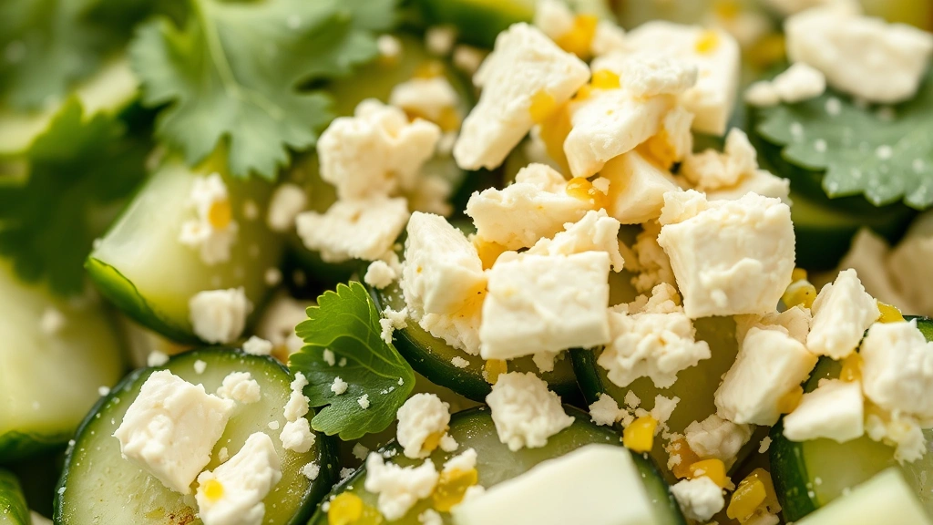 detail: close-up of creamy cotija cheese crumbled over fresh cucumber salad with cilantro leaves and lime juice drizzle, shallow depth of field, macro photography style, natural light, no text