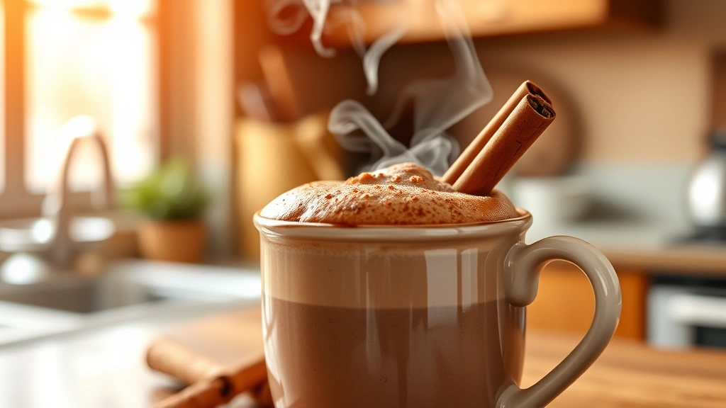 hero: steaming mug of Mexican hot chocolate with rich brown foam topping, cinnamon stick garnish, served in traditional ceramic mug, warm kitchen background with natural window light, steam rising, photorealistic, no text
