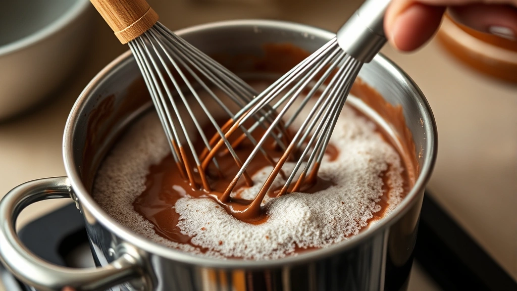 process: Mexican molinillo whisk vigorously whisking hot chocolate in saucepan creating foam, chocolate mixture swirling, action shot, natural kitchen lighting, photorealistic, no text