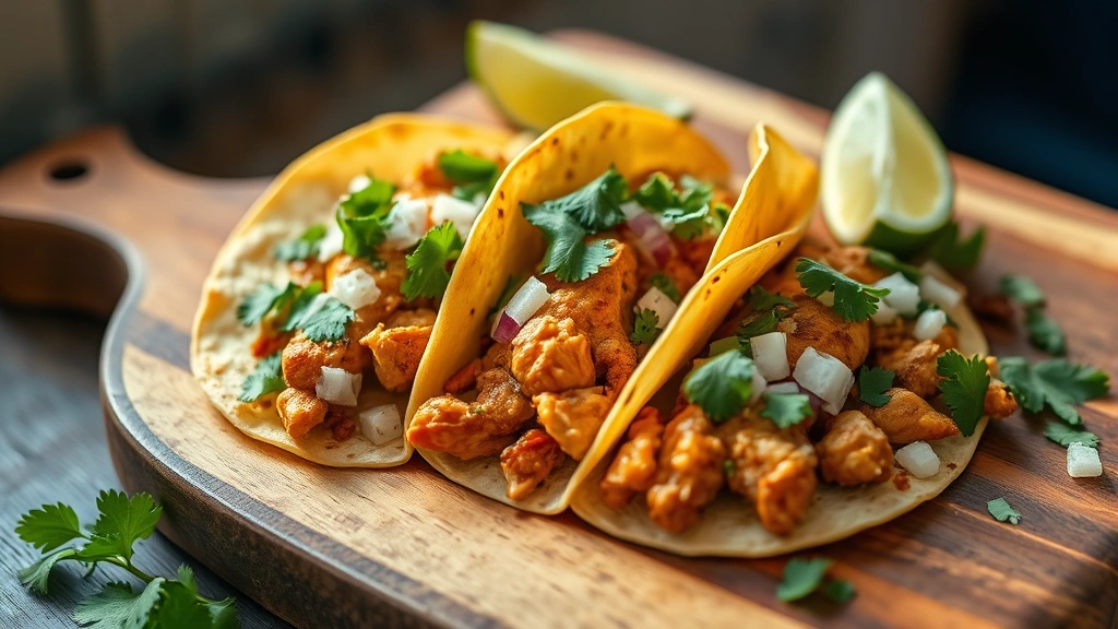 hero: Mexican chicken tacos on a rustic wooden board, warm corn tortillas, garnished with fresh cilantro, diced onion, and lime wedges, natural daylight streaming from the side, shallow depth of field, appetizing and inviting