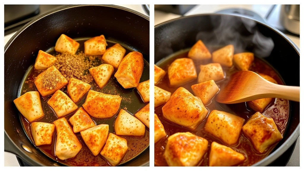 process: Sautéing seasoned chicken pieces in a cast iron skillet, golden-brown chicken coated in spiced sauce, steam rising, wooden spoon stirring, warm kitchen lighting