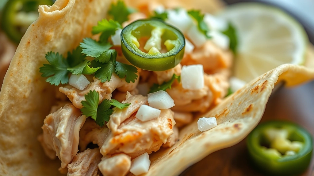 detail: Close-up of a single taco with tender chicken, fresh cilantro, white diced onion, jalapeño slice, and lime wedge, vibrant colors, shallow focus on the taco, natural bright lighting