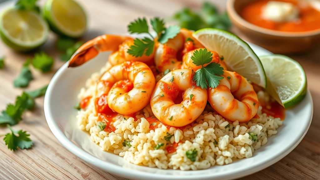 hero: beautiful plated Mexican shrimp dish with lime wedges, fresh cilantro garnish, and vibrant sauce, served over cilantro-lime rice on white ceramic plate, photorealistic, natural daylight from the side, shallow depth of field, no text