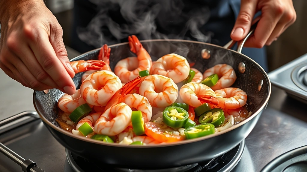 process: chef's hands flipping pink shrimp in sizzling skillet with garlic and jalapeños, steam rising, vibrant colors, photorealistic, natural kitchen lighting, action shot, no text