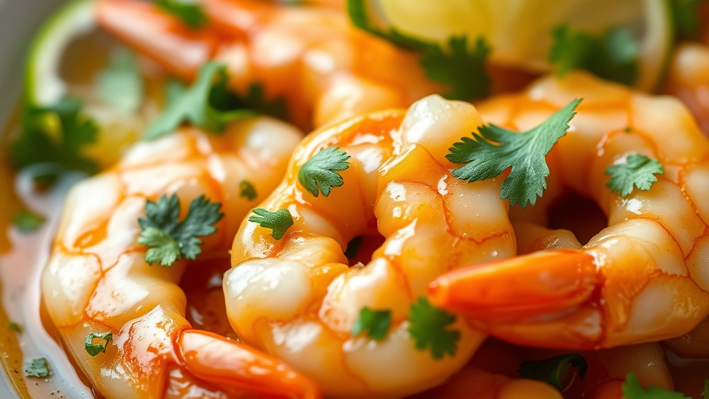 detail: extreme close-up of succulent cooked shrimp glistening with lime sauce and fresh cilantro, individual cilantro leaf visible, lime slice, photorealistic, macro photography, natural light, no text