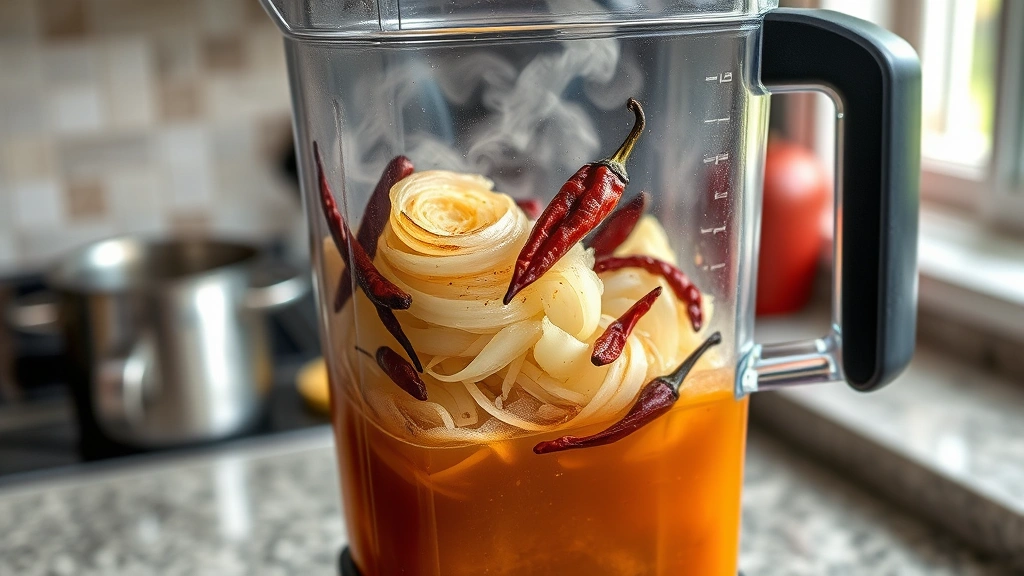 process: blending charred onions and dried red chiles in blender with broth, steam rising, kitchen counter, photorealistic, natural light from window, no text