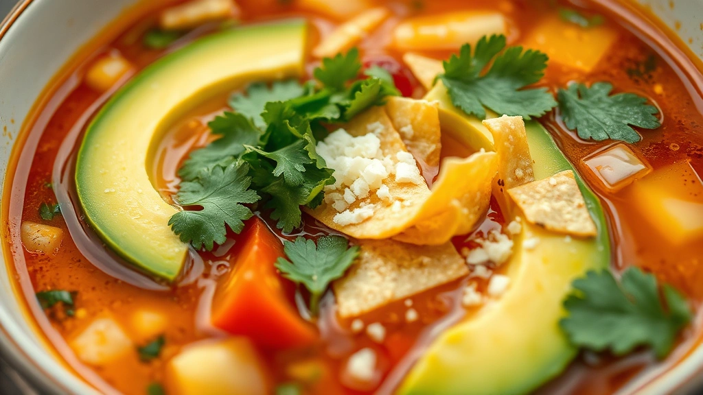 detail: close-up of finished soup bowl showing layers of broth, vegetables, fresh cilantro, creamy avocado, crispy tortilla strips, and queso fresco, shallow depth of field, photorealistic, natural light, no text
