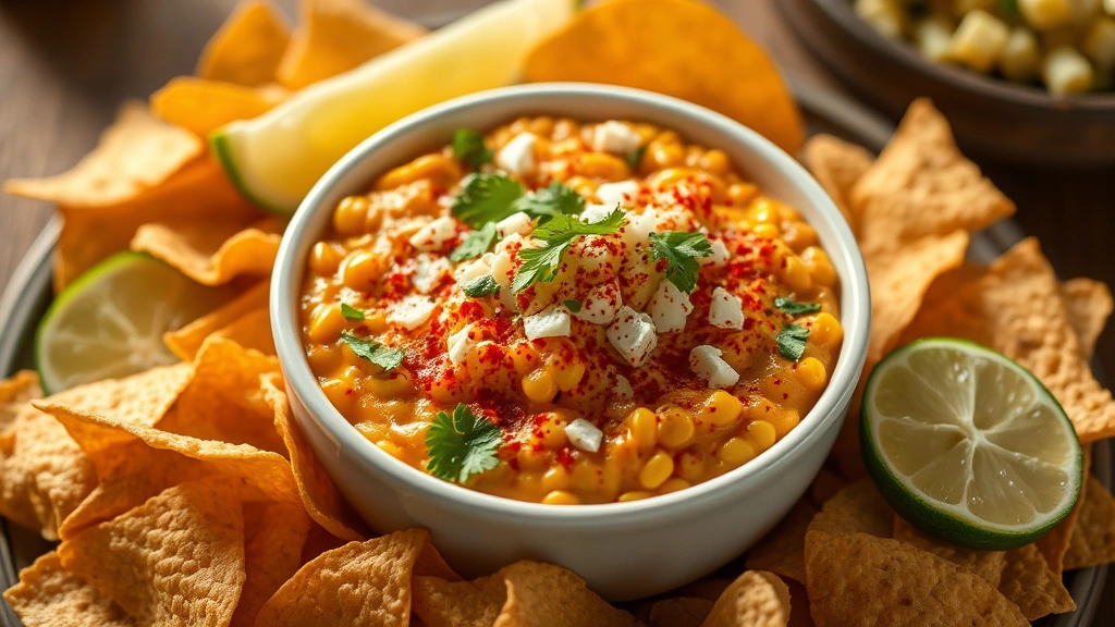hero: Mexican street corn dip in white ceramic bowl, garnished with cotija cheese, fresh cilantro, and smoked paprika, surrounded by crispy tortilla chips and fresh lime wedges, warm golden lighting from overhead, natural rustic style