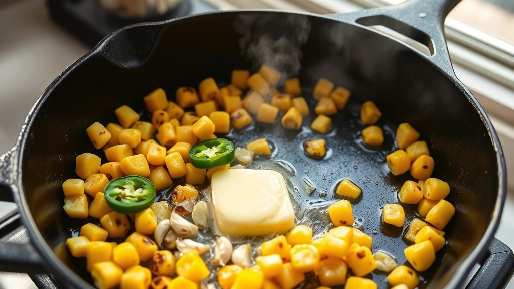 process: cast iron skillet with corn kernels being charred to golden brown with visible dark spots, butter melting around kernels, fresh jalapeños and garlic visible, steam rising, natural daylight through kitchen window