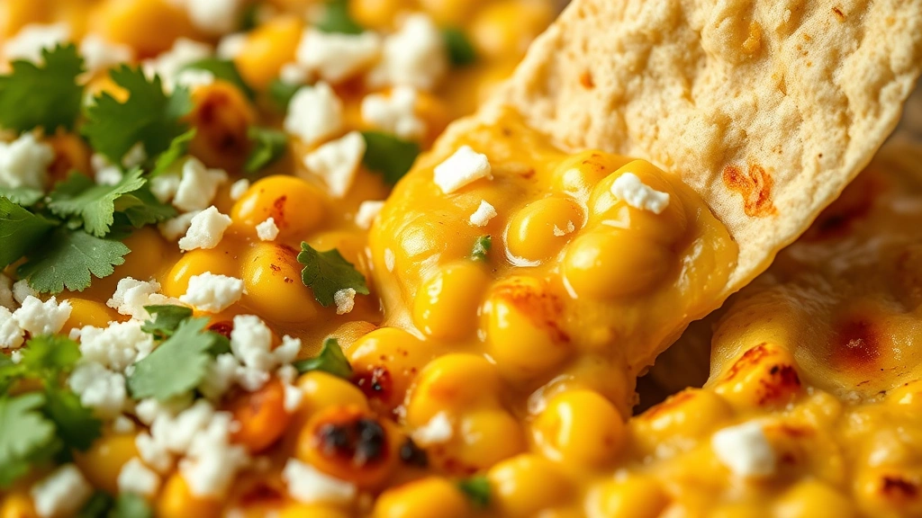 detail: close-up macro shot of finished Mexican street corn dip showing texture of corn kernels, crumbly cotija cheese, vibrant cilantro, golden-brown charred spots, with tortilla chip dipping into dip in foreground, soft natural light