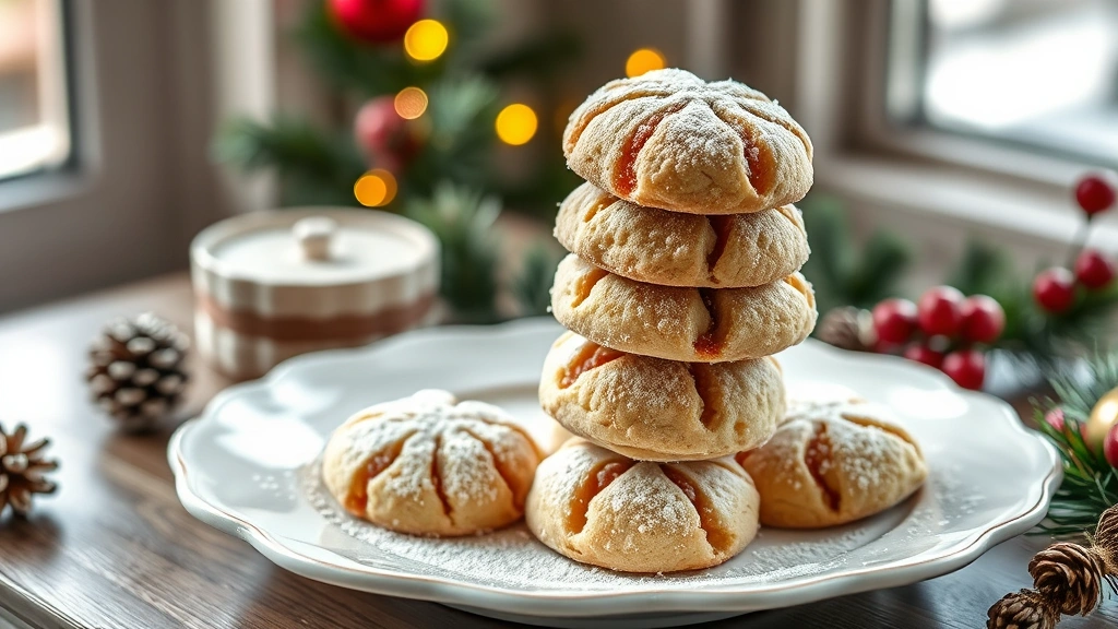 hero: Mexican wedding cookies stacked on white porcelain plate, dusted with powdered sugar, natural window light, soft shadows, festive holiday setting, photorealistic, no text