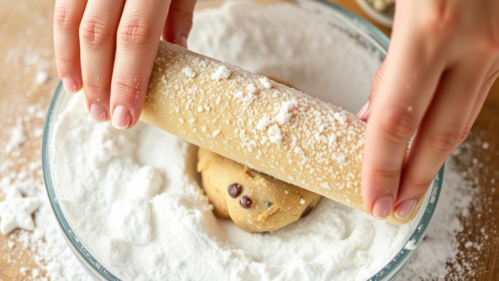 process: hands rolling warm cookie dough in powdered sugar, shallow bowl of white powder, close-up action shot, natural daylight, photorealistic, no text