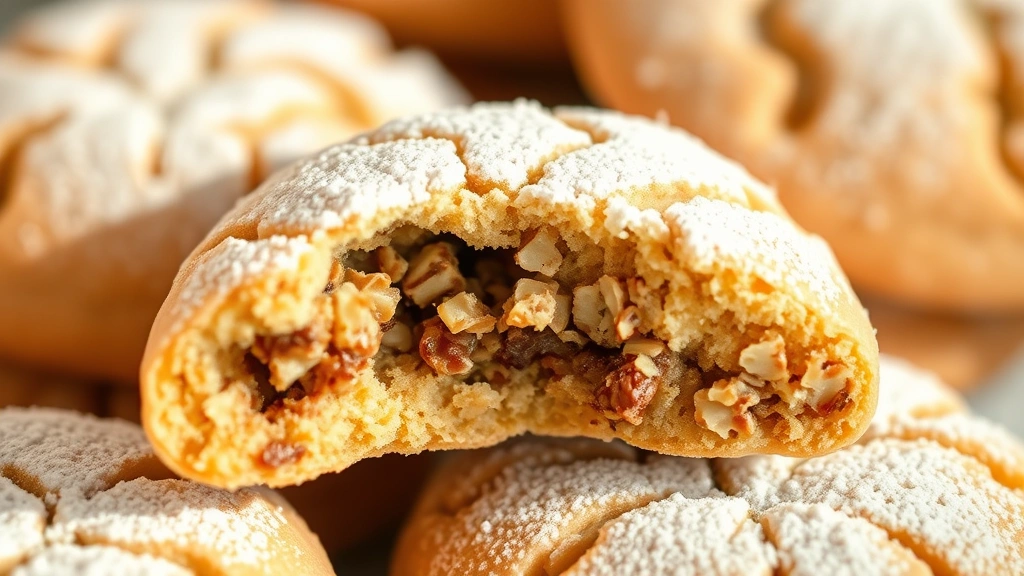 detail: single Mexican wedding cookie cut in half showing nutty crumb structure, extreme close-up macro photography, powdered sugar coating visible, warm afternoon light, photorealistic, no text