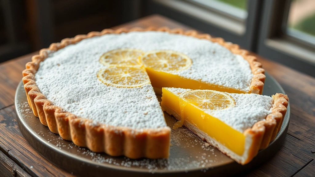 hero: golden Meyer lemon tart dusted with powdered sugar, slice removed showing silky yellow filling, rustic wooden table, natural window light, shallow depth of field, food photography, professional plating