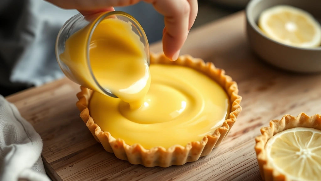 process: hand pouring bright yellow Meyer lemon custard filling into pre-baked tart shell, close-up side angle, natural kitchen light, professional food photography