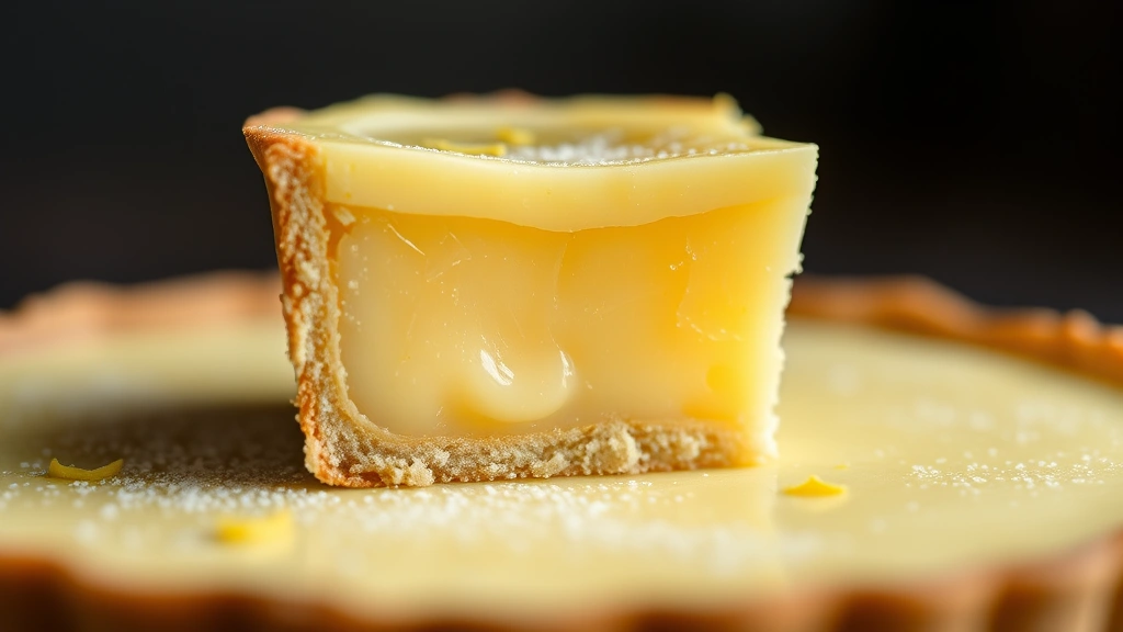 detail: close-up cross-section of Meyer lemon tart showing layers of buttery crust and silky custard filling with visible Meyer lemon zest, macro photography, natural light, shallow depth of field