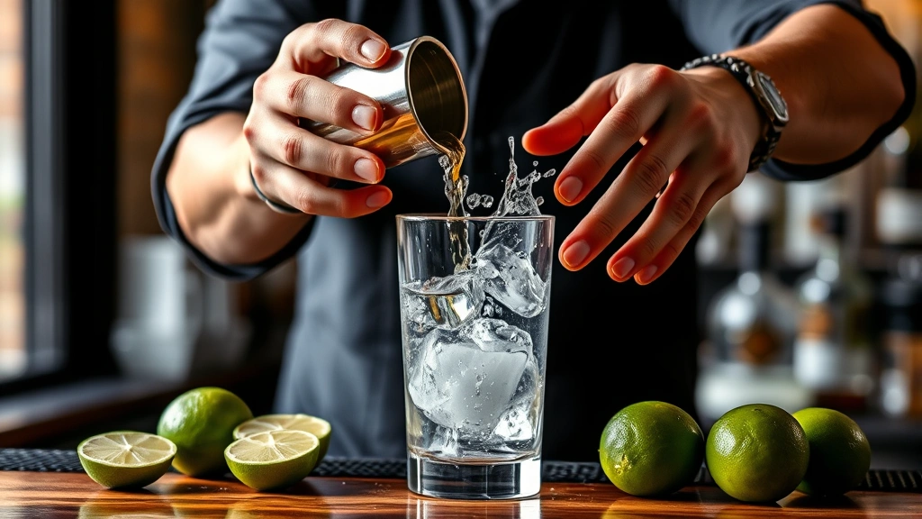 process: hands shaking cocktail in professional mixing glass with ice, liquid splashing, fresh limes nearby, natural window light, professional bartender setting, no text