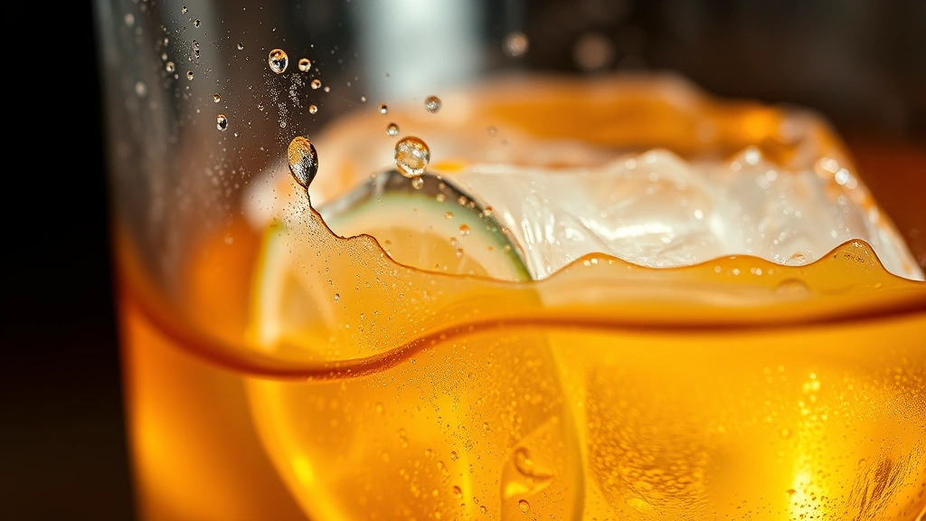 detail: close-up of Mezcalita with condensation on glass, lime wheel detail, ice cube texture, golden amber liquid catching light, professional macro photography, no text
