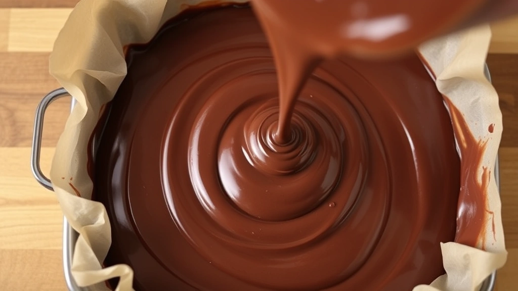 process: pouring thick chocolate fudge mixture into parchment-lined pan, smooth glossy texture, warm kitchen lighting, top-down angle, no text