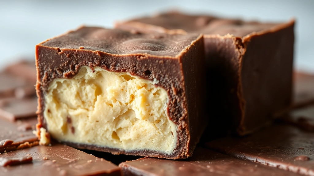 detail: close-up of cut fudge square showing creamy interior texture, dark chocolate color, natural light highlighting smooth surface, no text