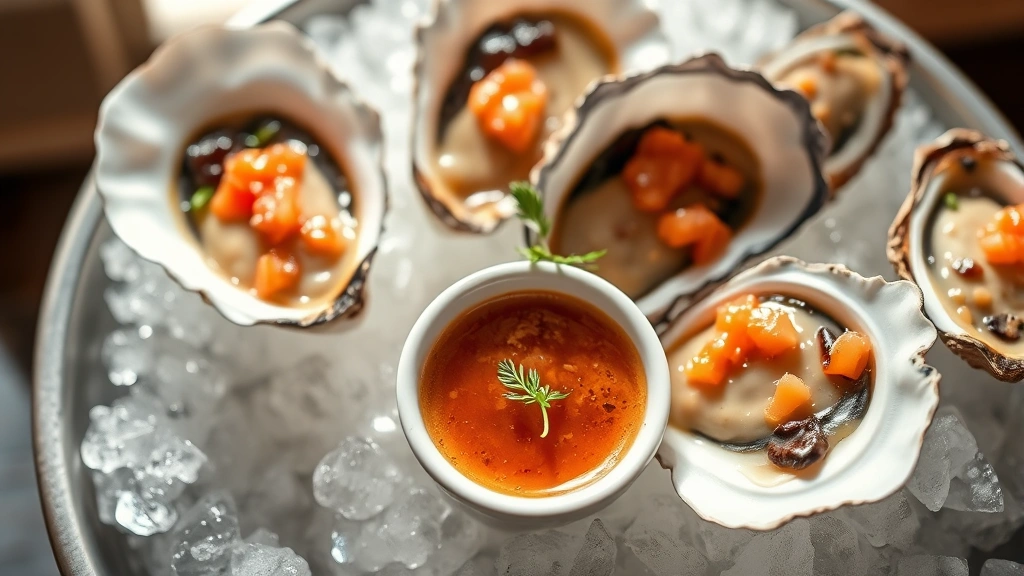hero: fresh mignonette sauce in a small white ceramic bowl beside freshly shucked oysters on ice, selective focus on sauce details, bright natural window light, top-down composition