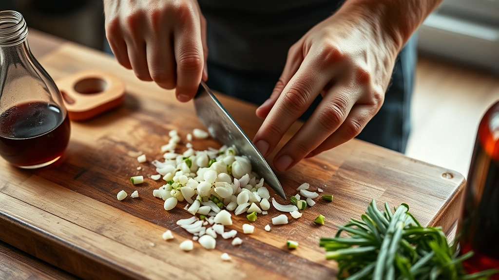 process: hands finely mincing fresh shallots on wooden cutting board with sharp knife, red wine vinegar bottle nearby, natural kitchen window light, close documentary style