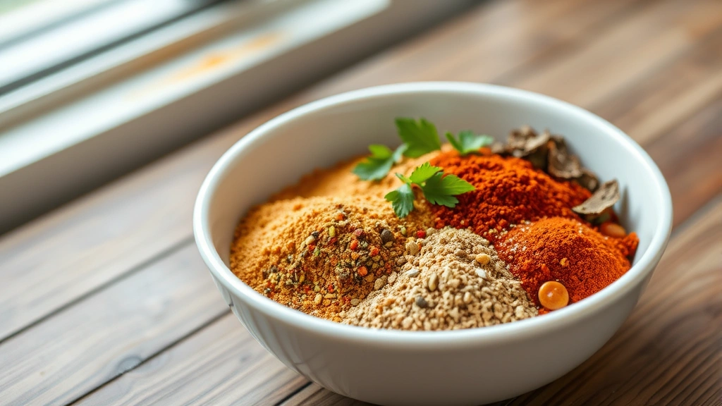 hero: colorful spices in white bowl with mild taco seasoning blend, photorealistic, natural daylight from window, wooden surface, no text
